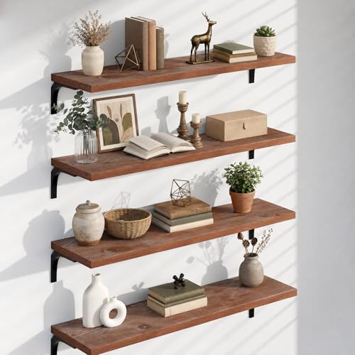 Image of 12 Inch Deep Floating Shelves Set of 4, 48 Inch Extra Wide Brown Solid Wood Wall Shelves, 4ft Heavy Duty Farmhouse Wall Mounted Shelving for Kitchen, Living Room & Bedroom