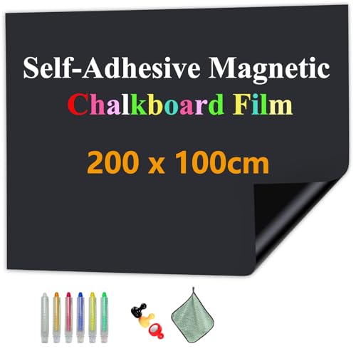 JOMUSAG Tableau Noir Magnétique Effaçable Autoadhésif, 200 x 100 cm, Papier Adhésif Autocollant pour Maison, Bureau, Étudiants - Inclut Craie, Chiffon et...