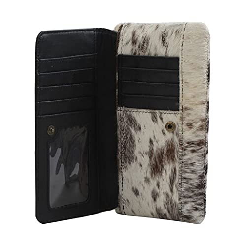 Image of Myra Cookie Crunch Leather and Hairon Cowhide Wallet - 7x4 inch Cow Print Wallets for Women, Black and White Clutch, Long, Western Cowprint, Boho, Country Stuff, Cowgirl Gifts for Women, Mom, Sister, Aunt