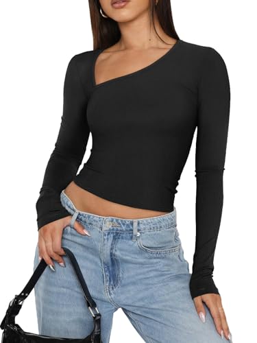 REORIA Women's Sexy Asymmetrical Neck Long Sleeve Cropped Ribbed