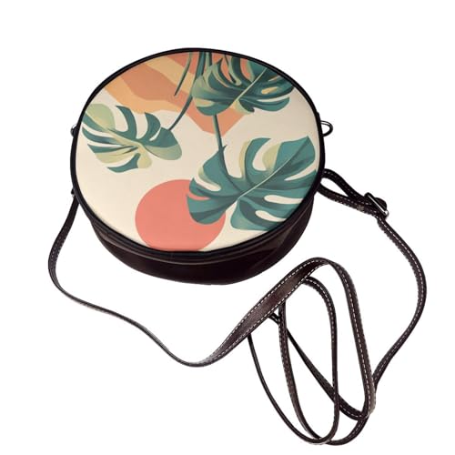 Monstera Plant The Sun Mountains Women Round Crossbody Bags Leather Sling Bag Purse4