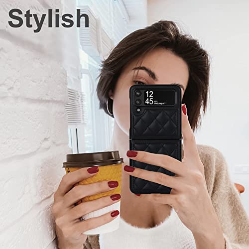 Xizyo Designed For Samsung Galaxy Z Flip 4 Case, Leather Soft Luxury Slim Diamond-Shaped Flip Case For Women Men Shockproof Bumper Protective Cover, Black #TOP6