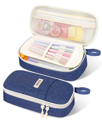 SUNEE Large Capacity Pencil Case with Compartments and Handle, Aesthetic Pen Pouch Organizer, Big Storage Portable Pencil Bag for Girls, Boys, Adults, School and Office Stationery Supplies, Navy Blue