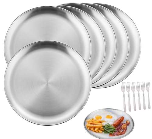 Mornly 6 piatti in acciaio inossidabile da 20 cm + 6 forchette da barbecue – Stoviglie da campeggio premium e piatti in acciaio inossidabile per la cucina, le feste in giardino e l'uso all'aperto