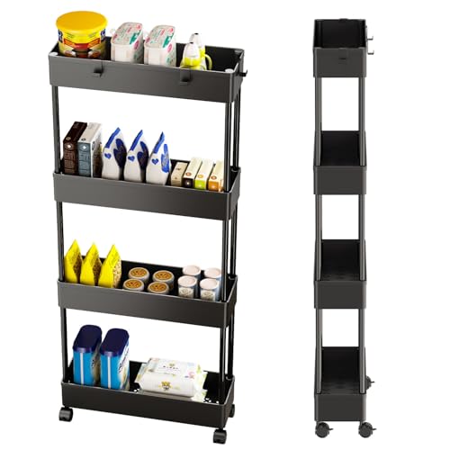 GOOPOOL Küchenwagen mit 4 Ebenen, Rollwagen, Küchenregal, Nischenregal, 360° drehbare Räder, arretierbar, Badregal, Büro, Aufbewahrungsregal für Küche, Küche, Büro, mit 4 Haken, Schwarz