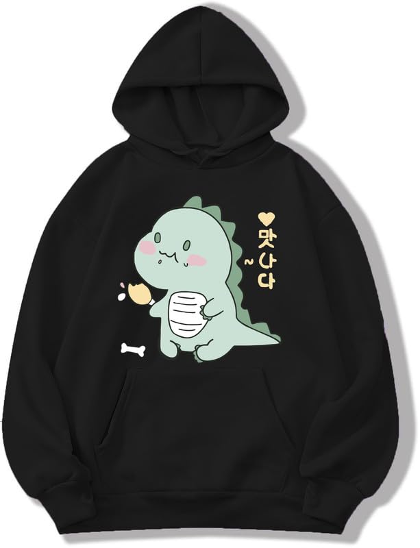 Cute Dinosaur Fleece Regular Fit Hoodie Women Girl Causal Stylish Latest Black Blue Red Pink Lavender Maroon Peach (Large)