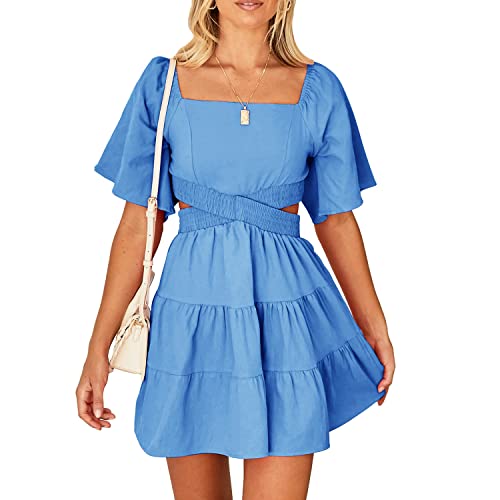 Shy Velvet Womens Square Neck Criss Cross Pleated Flowy Dress Solid Color Backless Cut Out Summer Mini Dresses