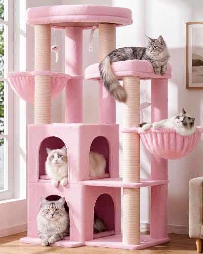 Image of Globlazer Cat Tree Tower for Indoor Cats, Sturdy Adult Cat Tree House for Large Adult Cats with 2 Platform, 6 Cat Scratching Post, 2 Cat Caves, Dangling Toys, S63, 63 inch, Pink