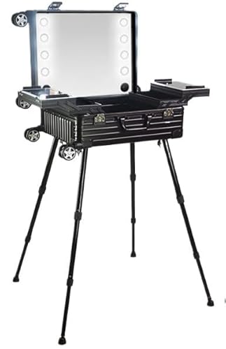 プロ用メイクボックス メイクボックス 鏡付き 調節可能な脚 (Black,22インチ)