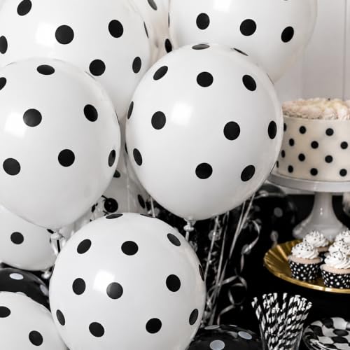 Image of TONIFUL 100 Pack White Balloons 12 Inch Polka Dot Latex Balloon Black Dots on White for Bachelorette Birthday Wedding Baby Shower Graduation Party Decorations