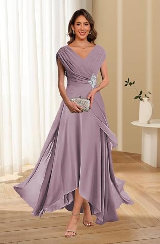 Lace Applique Chiffon Mother of The Bride Dresses Cap Sleeves Evening Gown V Neck Formal Dress for Wedding QA2134