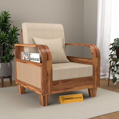 Image of Sheesham Wooden 1 Seater Sofa for Living Room | Solid Wood Sofa with Rattan Cane Side Rack | Rosewood Sofa Set for Home & Office | Lounge (Honey, 1 Seater)
