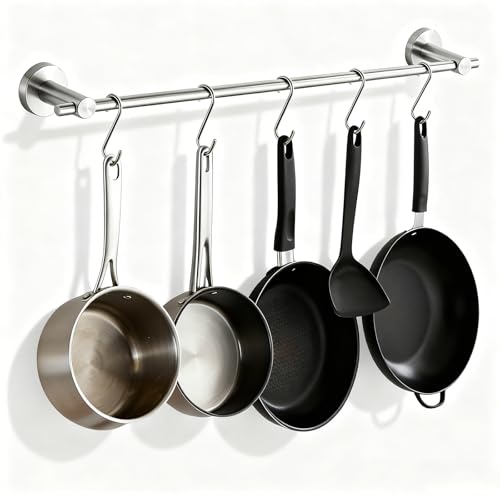 NEWRAIN Pot Rack Wall Mounted, 21 inch Hanging Pot and Pan Hanger, Stainless Steel Kitchen Rail Coffee Mug Rack with 10 S Hooks,Brushed Nickel