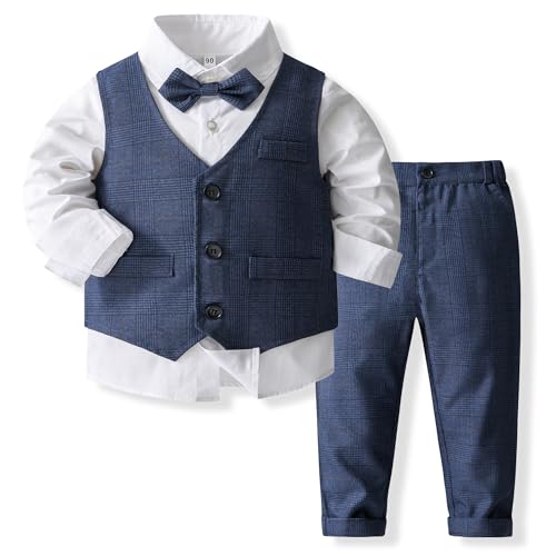 Image of Kimocat Boys 3Pcs Clothing Sets Elegant Long Sleeve Shirts + Vest with Flower+Pants Party Suit
