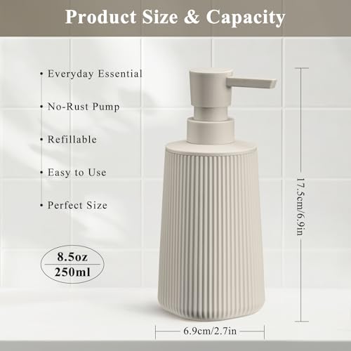 Image of Beige 2 Pack Hand Soap Dispensers Set with No Rust Pump for Bathroom and Kitchen Countertops Refillable Matte Striped Plastic 8.5 oz