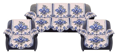 Image of Kuber Industries Cotton 5 Seater Sofa Cover with 6 Arm Cover|Sofa Cover 3 Seater and 2 Seater|Flower Design & Machine Washable (Cream & Blue)