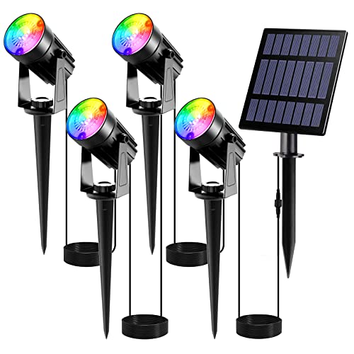 Spot Solaire Exterieur Couleur, T-SUNUS Lampe Solaire Exterieur Couleur Spot Solaire Exterieur RGB Jardin IP65 imperméables Auto On/Off avec 6 Couleurs Pack de 4 Cover