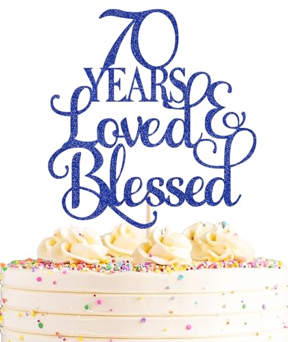 AHAORAY 70 Years Loved Cake Topper - Royal Blue Glitter 70th Birthday Cake Decorating Supplies, Perfect for Wedding, Anniversary or Birthday Party Decorations, Photo Booth Props