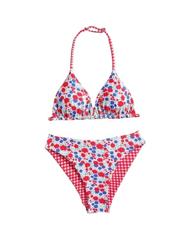 Image of RoseSeek Girl's 2 Piece Swimsuits Floral Gingham Halter Triangle Wireless Bikini Bathing Suit