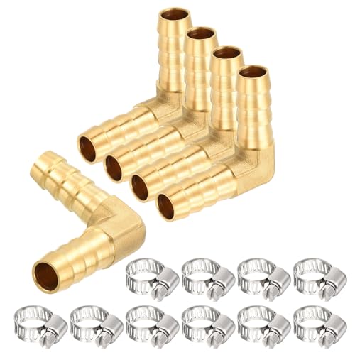 Image of sourcing map 5pcs 90 Degree Elbow 1/2"(15mm) to 1/2"(15mm) Brass Barb Fittings W/ 10pcs Brass Clamps, Metals Splicer Mender for 3D Printing, Air Compressor, CNC Machine, Dies