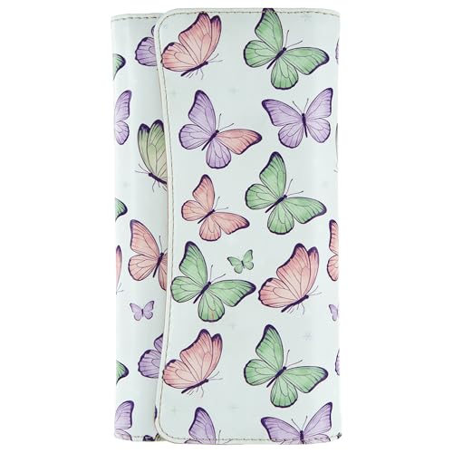 Image of Womens Wallet Leather RFID Blocking Trifold Ladies Purse long Clutch Credit Card Holder Phone Checkbook Organizer (Mint Lavender Butterflies)