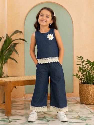 Image of superminis Girl's Denim Solid Top And Trouser Co-Ords Set Dress | Stylish & Comfortable