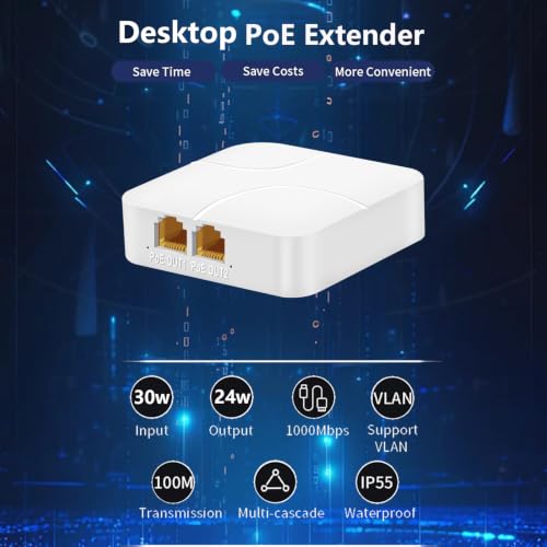 Image of 3 Port Gigabit PoE Extender 1 in 2 Out-IEEE 802.3af /at, 30W in 24W Out PoE Repeater 10 /100 /1000Mbps, Vlan & Extend to 250m, Desktop PoE Passthrough Switch Plug & Play