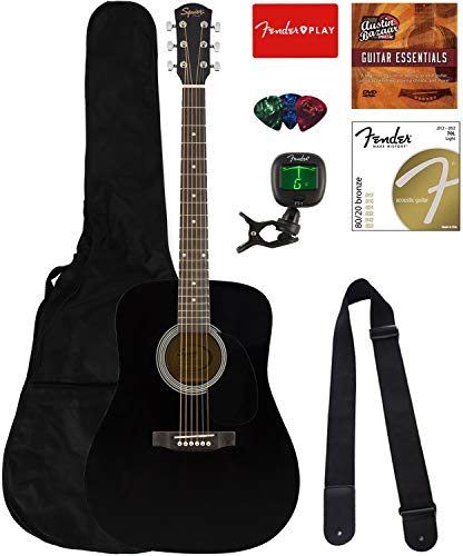 Fender Squier Dreadnought Acoustic Guitar - Black Bundle with Fender Play Online Lessons