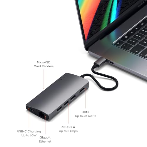 SATECHI 8 in 1 Hub USB C Multiporta V2 con HDMI 4K@60Hz, Ricarica PD 115W, Gigabit Ethernet, 3x USB-A 10Gbps e SD/MicroSD per MacBook Air & Pro, PC, Laptop – Grigio Siderale - Hub USB - Immagine 4