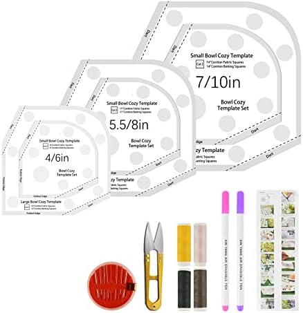 NOOHY Bowl Cozy Pattern Template Cutting Ruler Set,3 Sets of 6 Sizes Creative Grids Bowl Cozy Quilting Plastic Templates for DIY Arts Crafts with Water Soluble Pen/Manual/Sewing Set