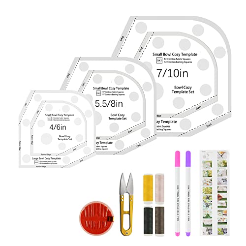 Noohy Bowl Cozy Pattern Template Cutting Ruler Set,3 Sets Of 6 Sizes Creative Grids Bowl Cozy Quilting Plastic Templates For Diy Arts Crafts With Water Soluble Pen/Manual/Sewing Set #TOP7
