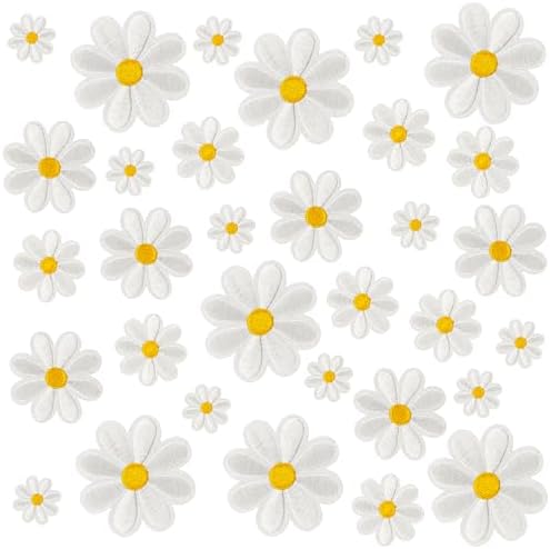 32Pcs 4 Sizes Daisy Flower Iron on Patches Cute Daisy Floral Embroidery Applique Patch for Hats Clothes Jeans Jacket(White)