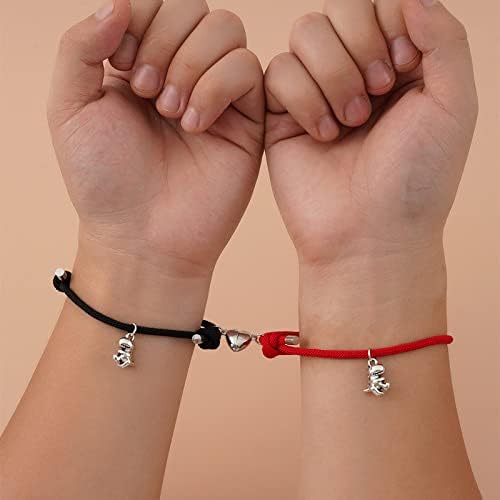 QIAMNI 2PCS Dinosaur Love Pendant Magnetic Clasp Rope Bracelet for Women Girls Kids Handmade Cute Simple Personalised Best Friend Gift Jewelry (B219165-BR) - Image 4