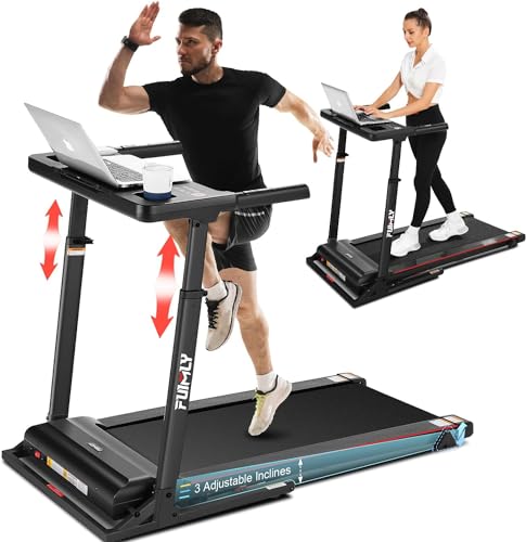 Image of Treadmill with Desk Workstation & Adjustable Height, 300 lb Capacity, FUNMILY Walking Pad Treadmill with Desk & Incline, Folding Work Treadmill for Home Office