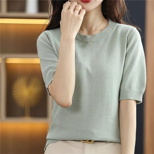 T-shirt tricoté en coton fin Kelsiop pour femme avec col rond et coupe ample d'été - 3