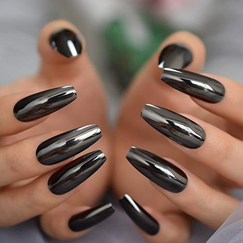 Coolnail L5631-C Reflective Mirror Punk Design Silver Gray Metal Plating False Acrylic Nail Tips Metallic Ballerina Coffin Fake Nails cover