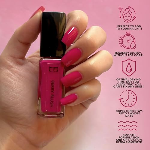 Image of Ellement Co Berry Blush Nail Polish 10 ml with rich berry pink shade delivers high gloss salon finish | ultra pigmented smooth application | quick drying formula | and long lasting chip resistant wear, perfect for parties, festive looks, daily glam, statement nails, and bold modern nail styling.