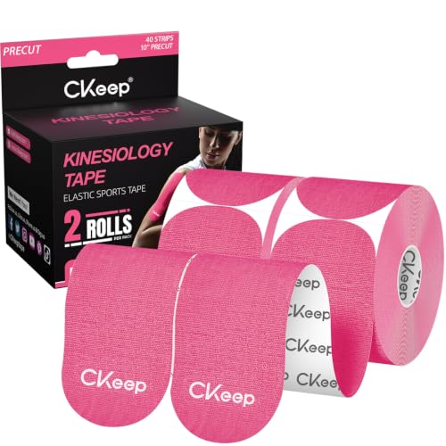 Image of CKeep Kinesiology Tape, 2 Rolls 2 Inch Wide Elastic Precut Strips, Pink | Cotton Latex Free Hypoallergenic Breathable Athletic Tape, Sticky & Waterproof Kinetic Tape for Joint Support Injury & Sprain