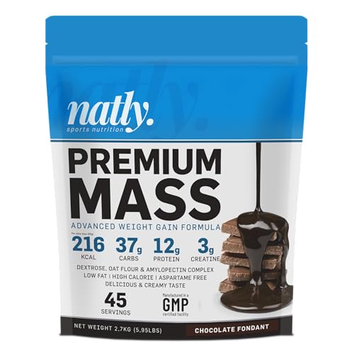 NATLY PREMIUM MASS 2,7 KG • Ganador de Peso con Proteína, Carbohidratos, Creatina, BCAA y Glutamina • Recuperación, Energía y Volumen Muscular • Sabor Chocolate o Vainilla (Chocolate Fondant)