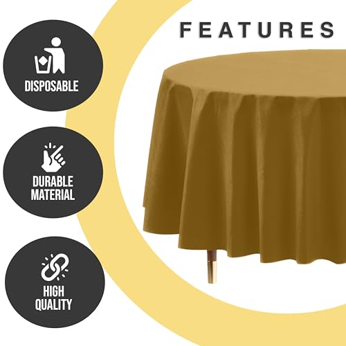 Image of Exquisite 66% Thicker Premium Gold Round Tablecloth 0.5 Mil 24 Pack Plastic Table Cloth Disposable 84 Inch Round Plastic Tablecloth Won't Tear Easily Like Cheap Thin Brands
