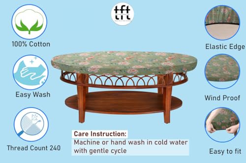 Image of The Furnishing Tree Elastic Cotton Oval Center Table Cover 18x60 in Inches Floral Multicolor on Greenish Base