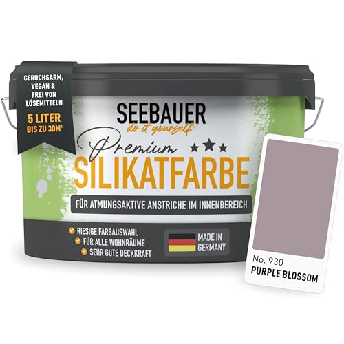 SEEBAUER diy Silikatfarbe Violett 5L für Innen (No. 930 Purple Blossom) Atmungsaktive Mineralfarbe für Allergiker - Abwaschbare Wandfarbe - Violetttöne hohe Deckkraft