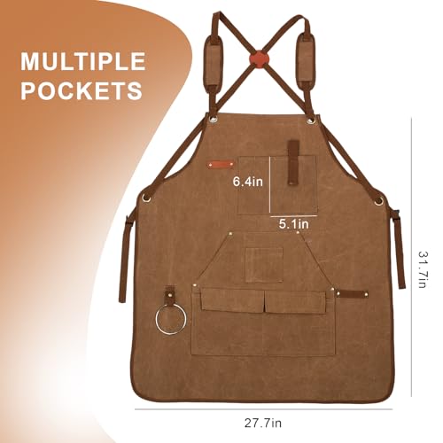 Rtcimoic Multi-Functional Men's Tool Apron, Multi-Pocket Canvas Apron, Welding, Carpenter, Mason, Mechanic, Blacksmith Work Apron, Comfortable Adjustable Belt With Sizes Ranging From S to 3XL (Khaki)