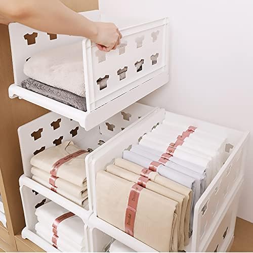 Hossejoy Extra Large Set of 4 Stackable Wardrobe Storage Organiser, Foldable Wardrobe Storage Box Organizer, Plastic Closet Organiser Shelves Basket, Perfect for Home, Bedroom, Office
