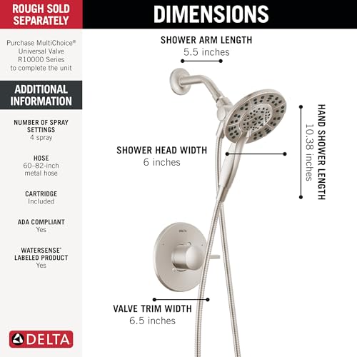 Image of Delta Albion 14 Series Brushed Nickel Shower Faucet Set with In2ition 2-in-1 Dual Shower Head with HandHeld Spray Combo, Valve Trim Kit, Spotshield Brushed Nickel T142855-SP-I (Valve Not Included)