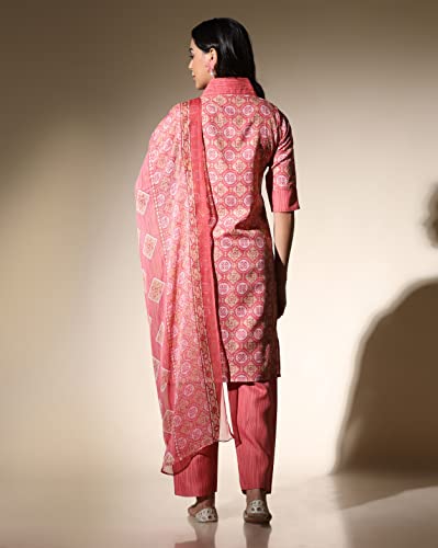 Image of Leriya Fashion Women's Kurta Pant Dupatta Set || Cotton Blend Abstract Leaf Printed Kurti Pant Dupatta Pair || Flattering Front Placket Neck Design || for Outing || Regular Wear