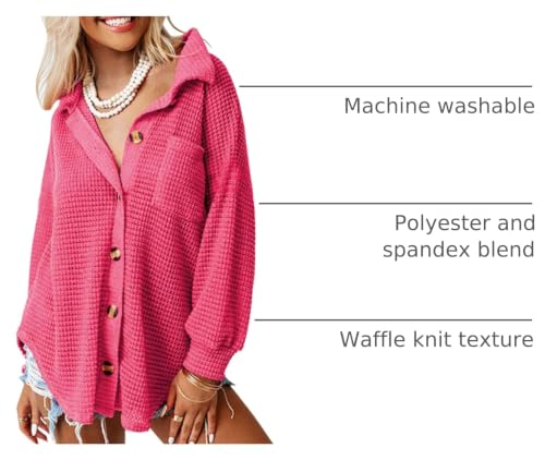 Image of Dokotoo Womens Waffle Knit Shacket Jacket Casual Button Down Shirts Tops | Long Sleeve,Loose Fit,Boyfriend Style,Collared V Neck,Fall Cardiga,Outwear with Pockets