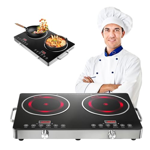 Doppelkochplatte 7800W Tragbar Infrarot - 2 Glaskeramik Kochfelder mit Touch & Knopf-Bedienung, Schnellkochfunktion, Leistungsvoreinstellungen - Kompaktes Kochfeld für Küche, Camping & Balkon