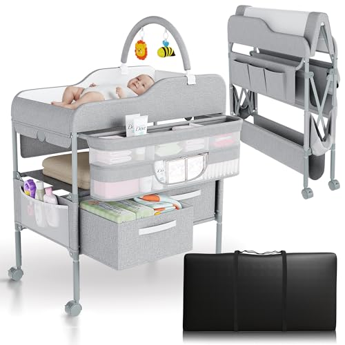 Image of Portable Changing Table for Baby - Foldable Changing Table, Baby Diaper Changing Station with Baby Changing Station Toy Holder, Diaper Changing Table Bag - Portable Baby Changing Table with Wheels