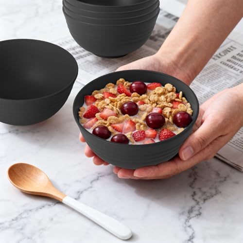Image of Wheat Straw Bowls Set of 6, Unbreakable Lightweight 26 OZ Cereal Bowls for Kitchen, Reusable Salad Bowl, Microwave & Dishwasher Safe Bowl Set, Black